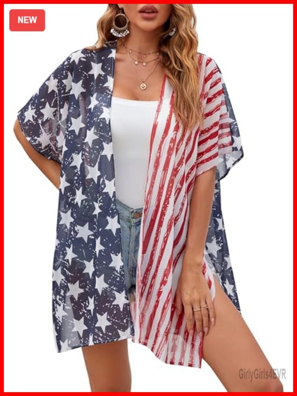 American Flag Kimono Cover Up Lightweight Chiffon Cardigan S-XXL